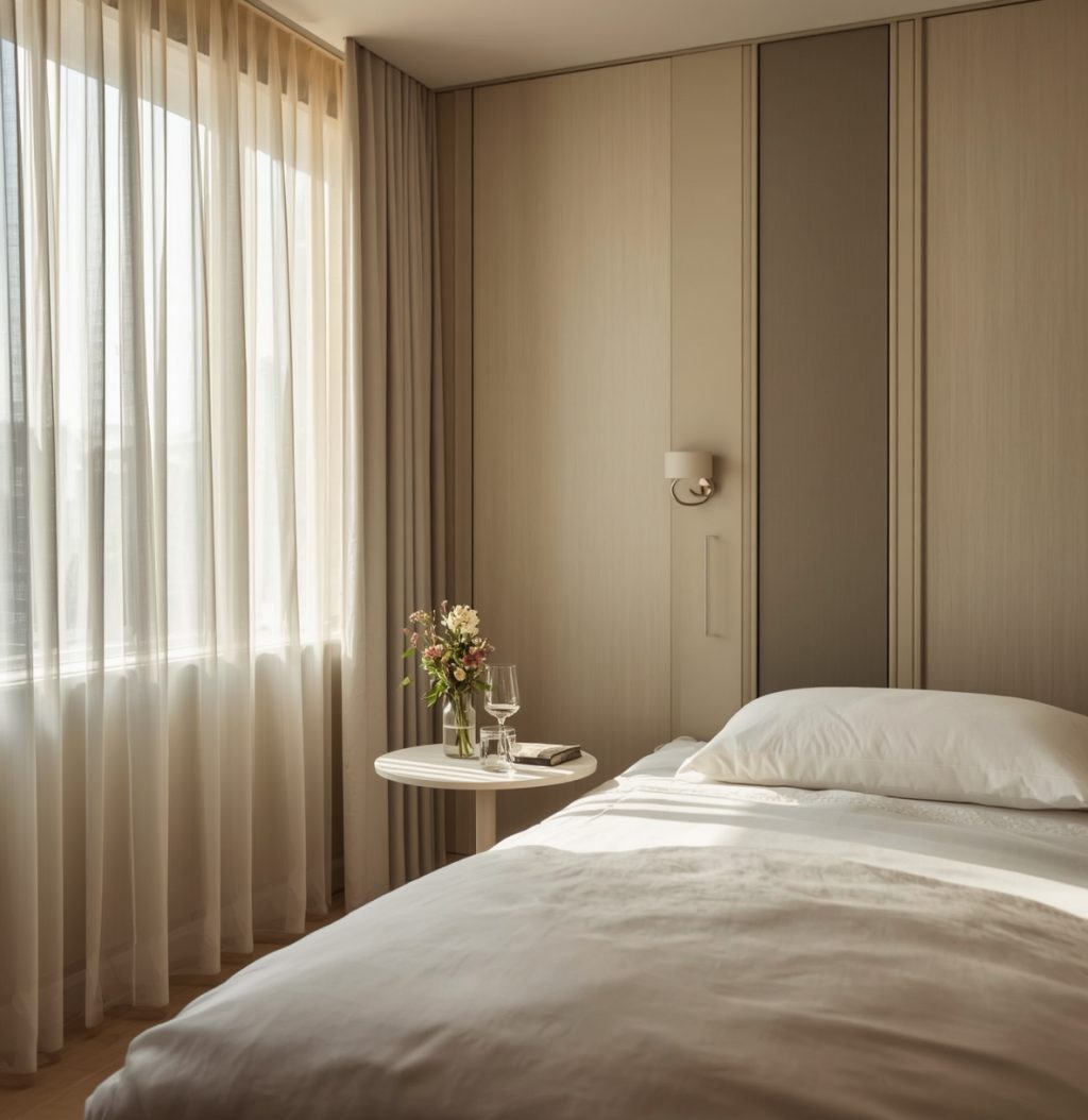 Calm recovery bedroom with fresh flowers and water at the bedside