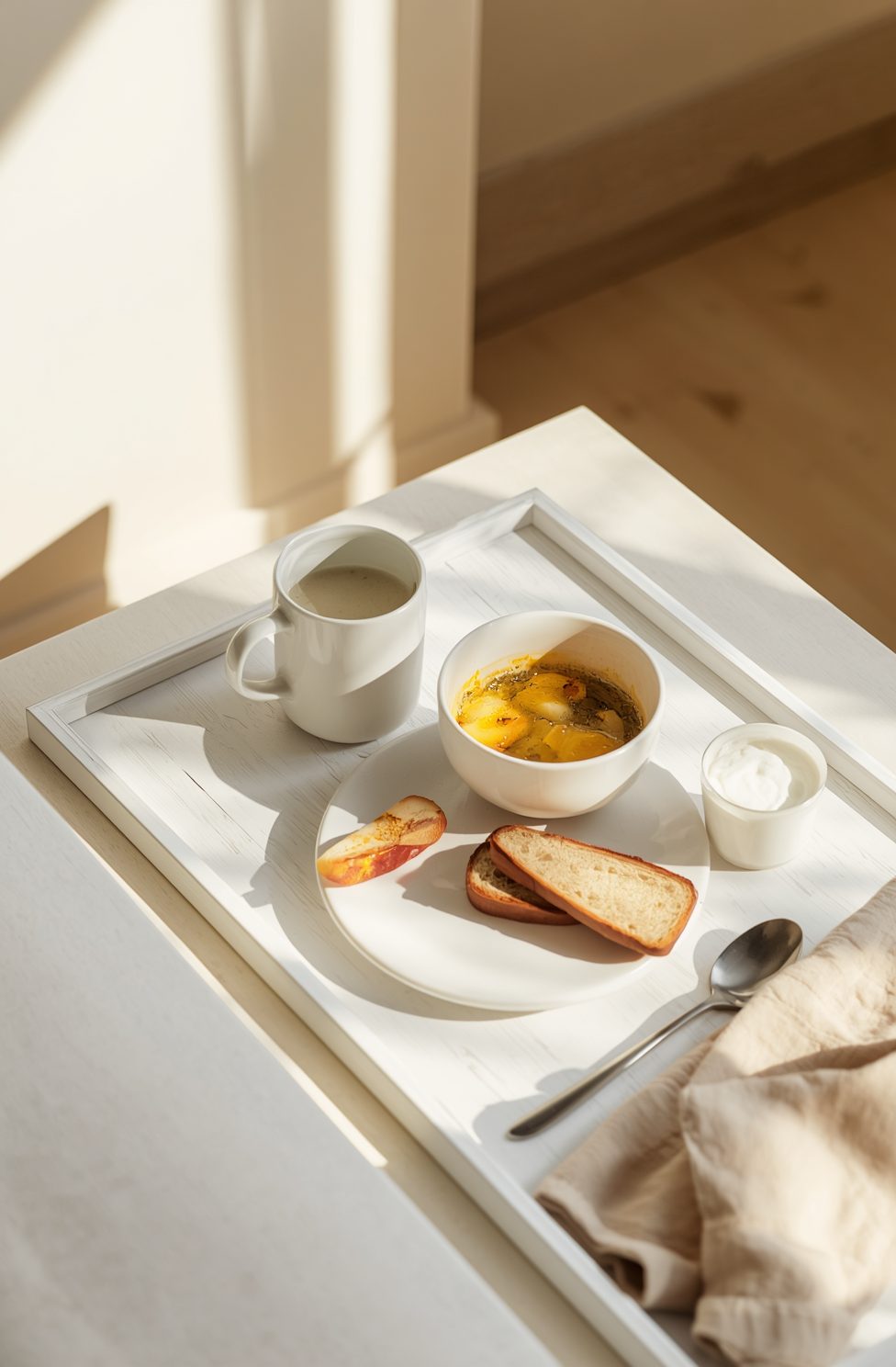 Light recovery tray with warm broth, toast, and tea