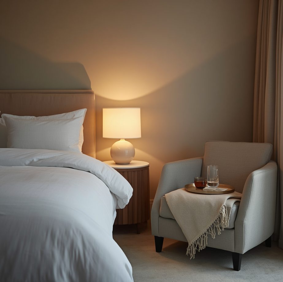 Softly lit recovery room with a bed and a calm reading chair