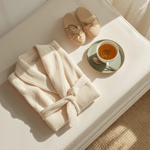 Folded robe, slippers, and a warm cup of tea prepared for the evening