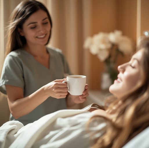 Care companion handing a warm drink to a resting patient
