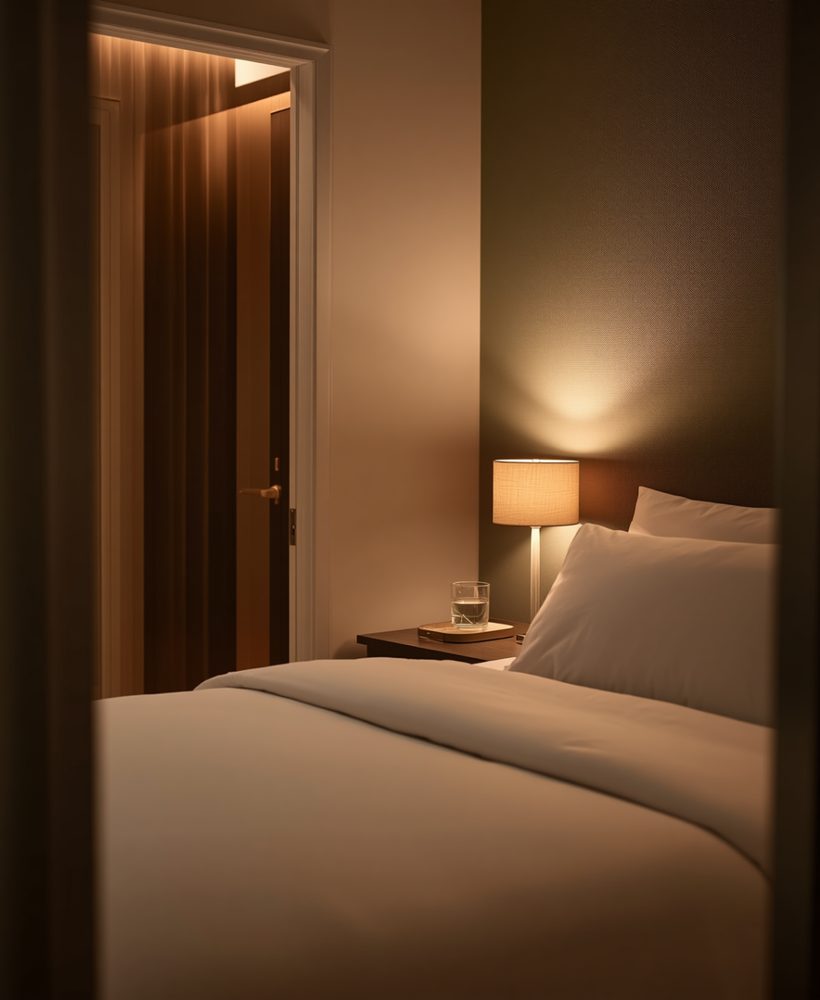 Dim, quiet recovery room at night with a soft bedside lamp