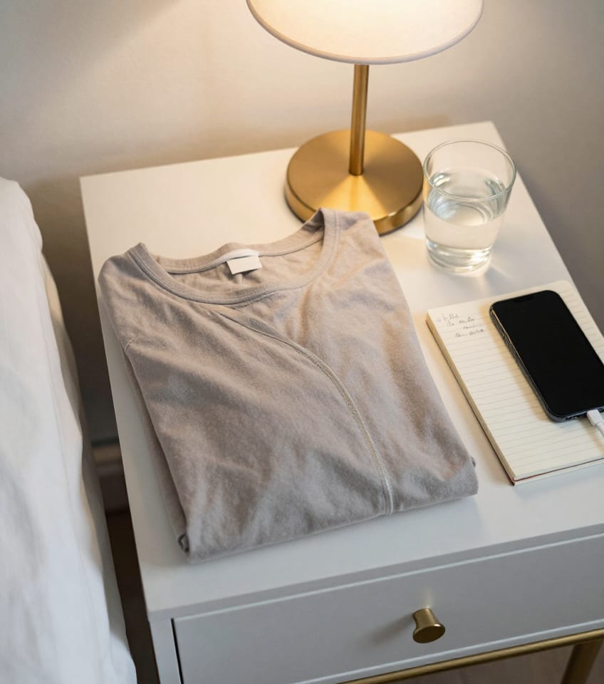 Folded comfortable clothing, a glass of water, and a phone on a bedside table