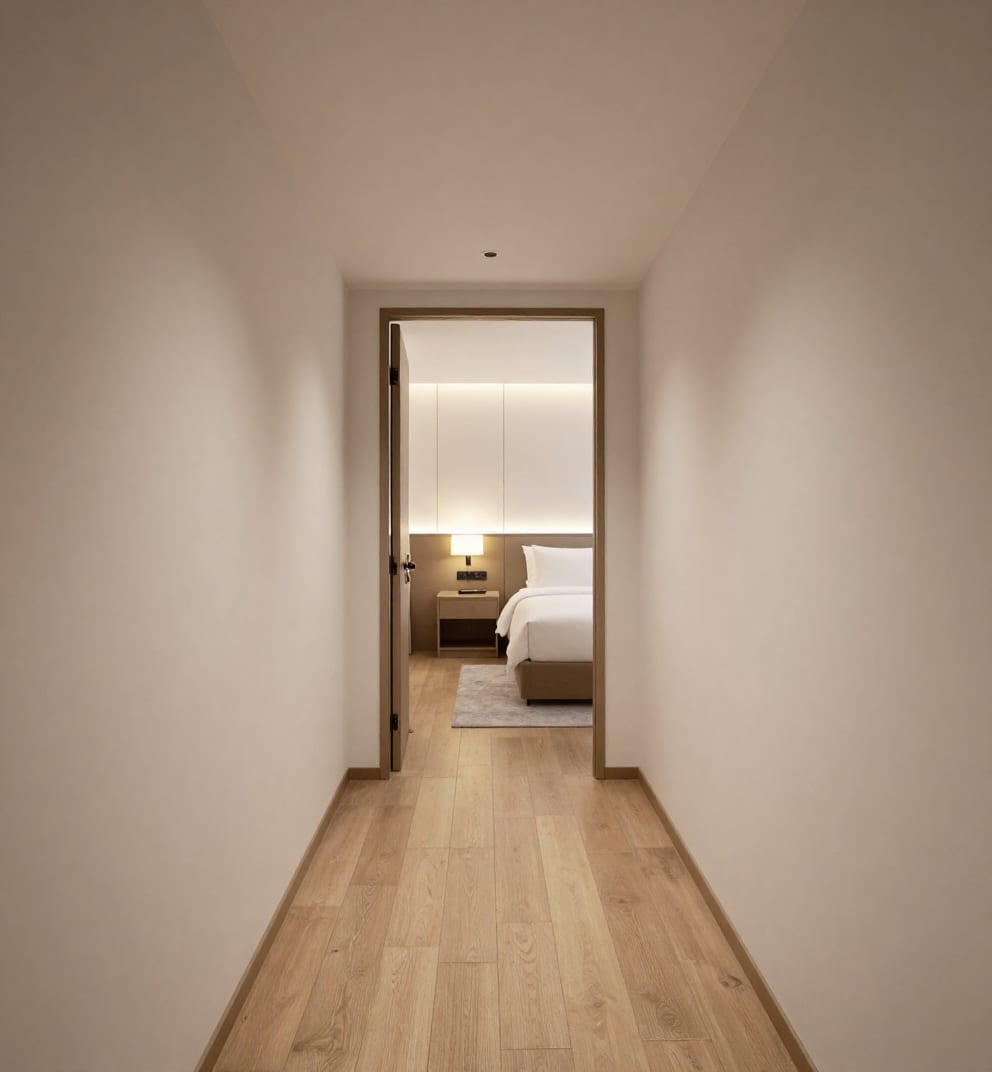 Clear, uncluttered hallway leading into a softly lit bedroom