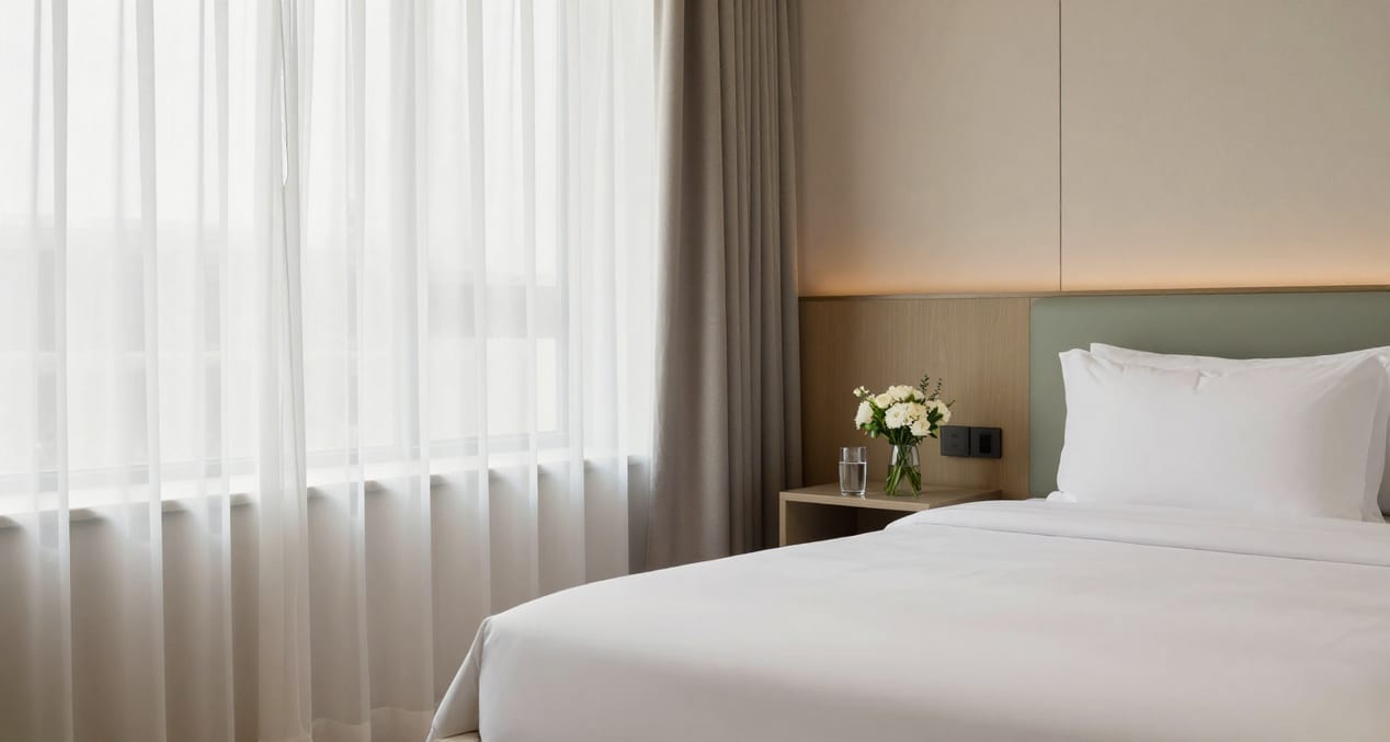 Sunlit recovery bedroom with fresh flowers and a glass of water beside the bed
