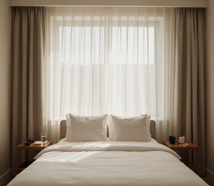 Calm recovery bedroom with soft curtains, fresh pillows, and water at the bedside