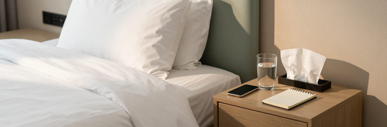 Bedside table with a glass of water, phone, notebook, and tissues beside a freshly made bed