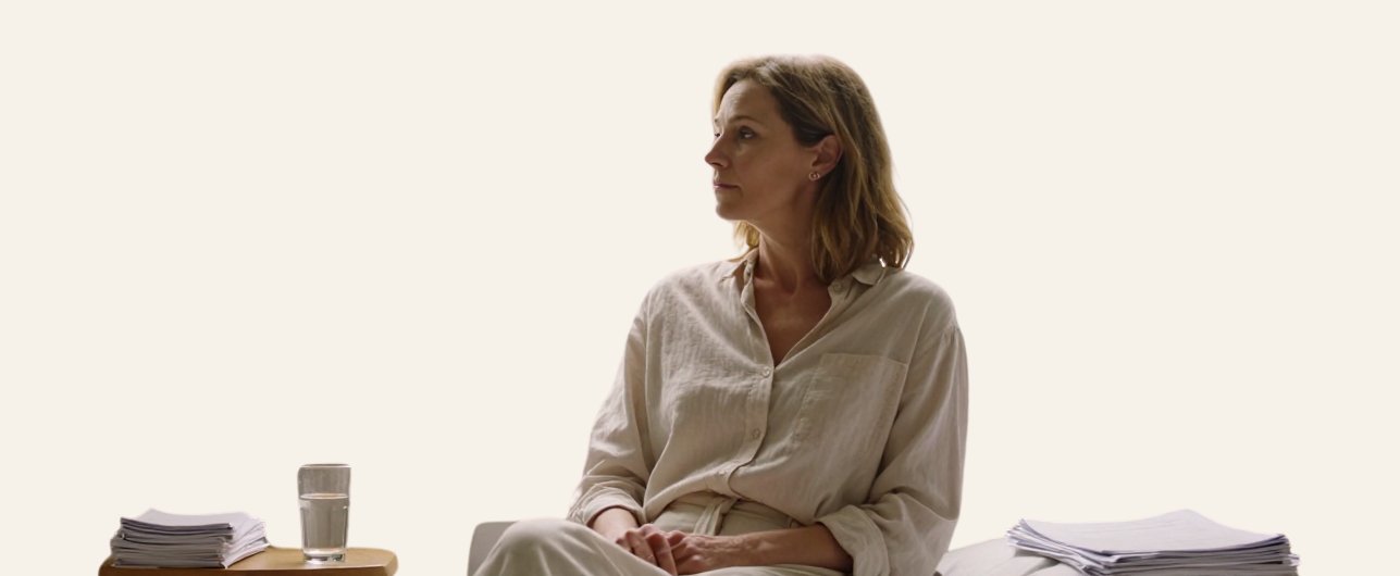 Patient sitting quietly on the edge of the bed with water and discharge papers close by