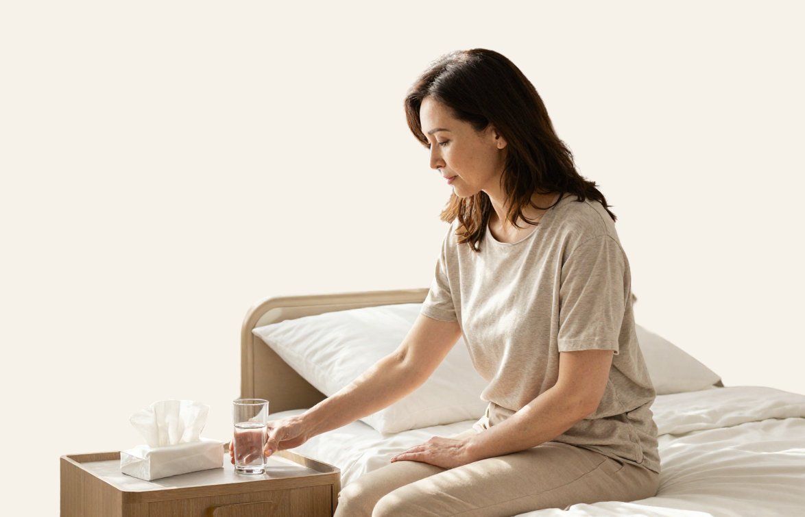 Woman seated on the bed reaching for a glass of water on the bedside table