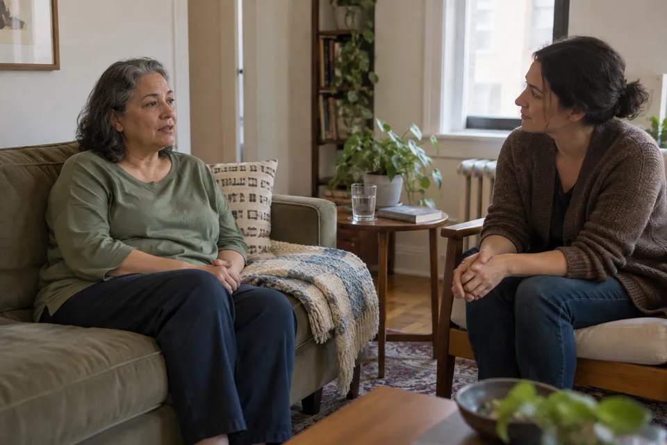 Two women talking in a living room
