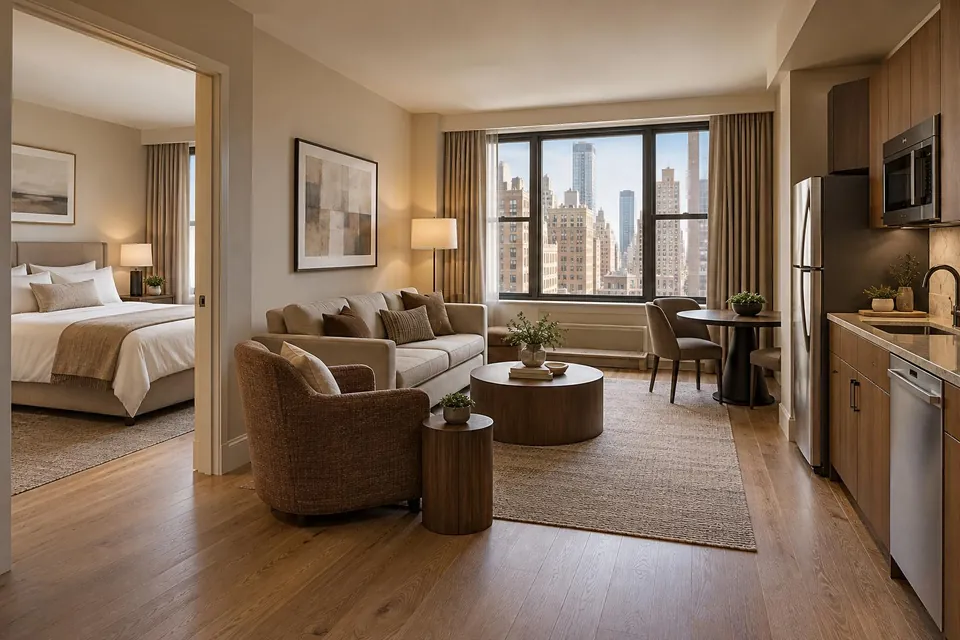 An apartment-style suite with a separate bedroom, a living area with a sofa and a compact kitchenette