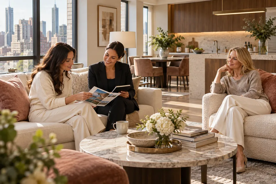 A traveler and a coordinator reviewing an itinerary together in a warm, sunlit apartment living room